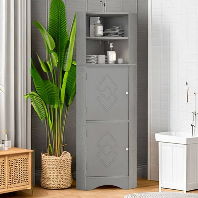61" H Bathroom Cabinet, Freestanding Floor Storage Cabinet with Open Shelf & Doors