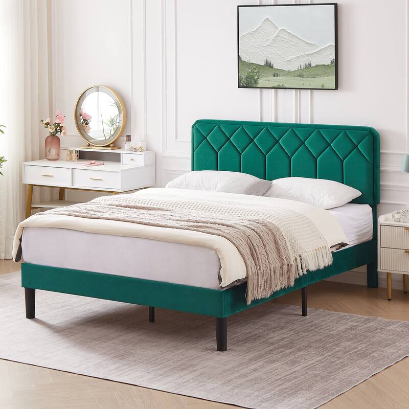 VECELO Adjustable Height Velvet Upholstered Bed Diamond Tufted Headboard with 7.8" Underbed Storage No Box Spring Needed