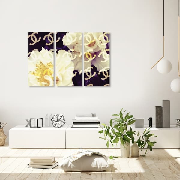 slide 6 of 5, Oliver Gal 'Coco's Camellia Vanilla triptych' Fashion and Glam Wall Art Canvas Print Set - White, Yellow 16 x 36 x 3