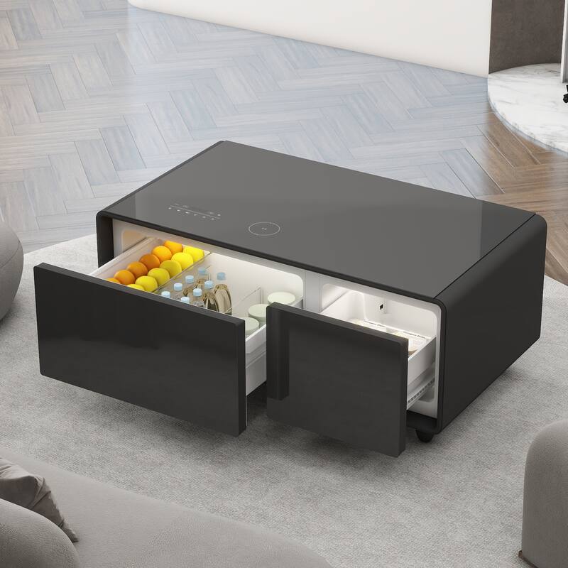 Modern Smart Coffee Table with Built-in Fridge Bluetooth Speaker Touch Control Panel Atmosphere light, for Living Room - Black