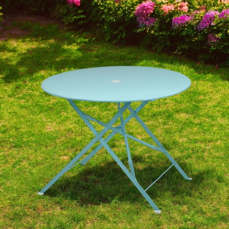 36" Aqua Rounded Aluminum Folding Outdoor Dining Table with Umbrella Hole - Aqua