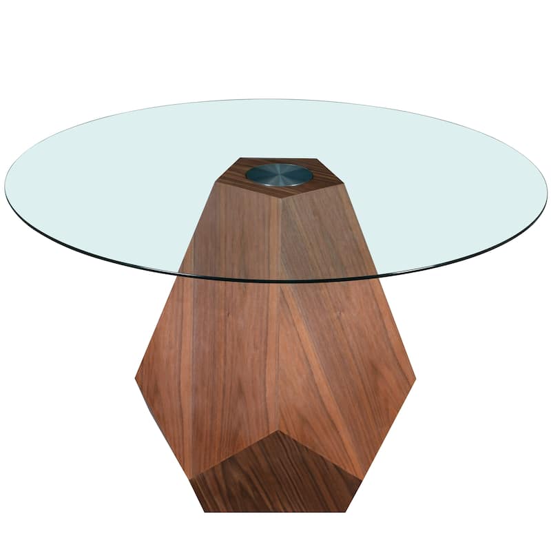 Nebo Round 47" Tempered Glass or Sintered Stone Top Dining Table with Geometric Design Ashwood Pedestal Base Kitchen Table - Clear Glass