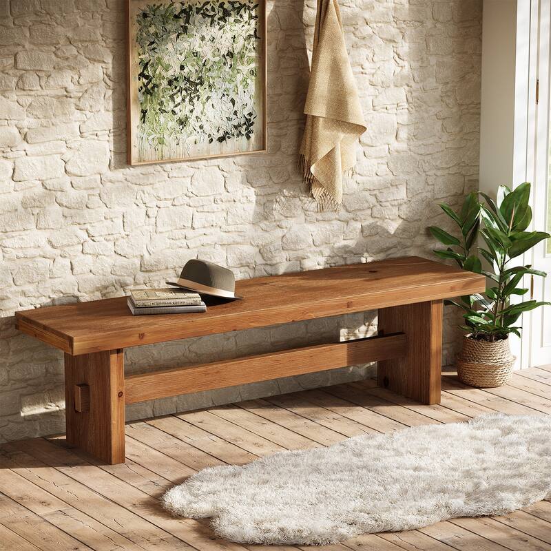 63" Long Solid Wood Entryway Bench, Farmhouse End of Bed Bench - Brown