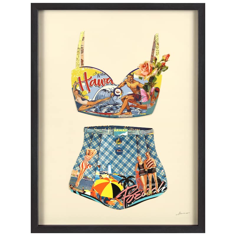 "Hawaii Beach" Dimensional Collage Framed Graphic Art Under Glass Wall Art