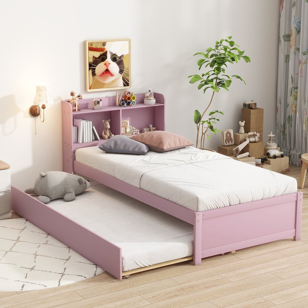 Twin Bed with Trundle and Storage Bookcase Headboard