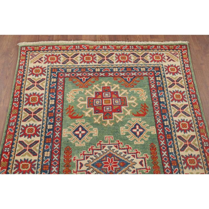 Green Geometric Kazak Foyer Rug Handmade Wool Carpet - 3'1" x 4'11"