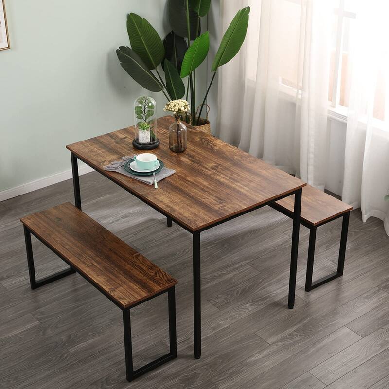 3 PCS Dining Table Set for 4 with 2 Benches, Soho Dining Table and Chairs Set, Kitchen Table and Chairs Breakfast Table Set