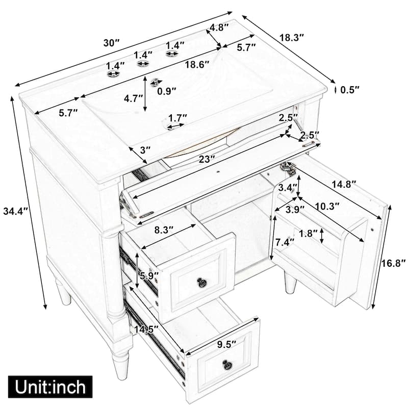 30" Bathroom Vanity with Sink, Freestanding Solid Rubberwood Cabinet with Flip Drawer & Adjustable Shelf