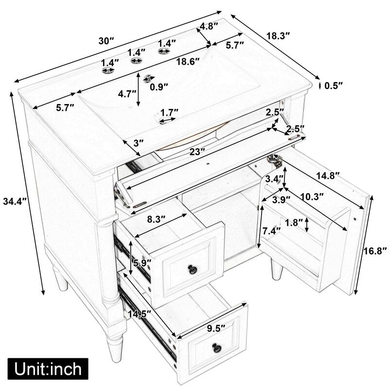 Roomfitters 30" Bathroom Vanity with Sink, Solid Wood Frame, Flip Drawer, 2 Drawers & Door Rack