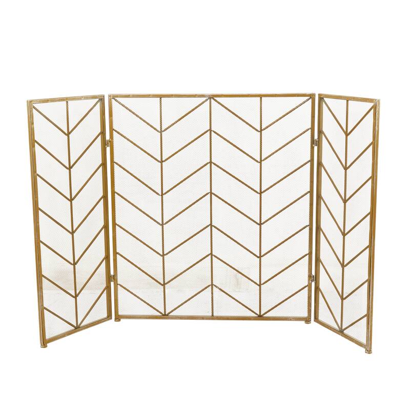 Gold Metal Foldable Mesh Netting 3 Panel Geometric Fireplace Screen with Chevron Pattern