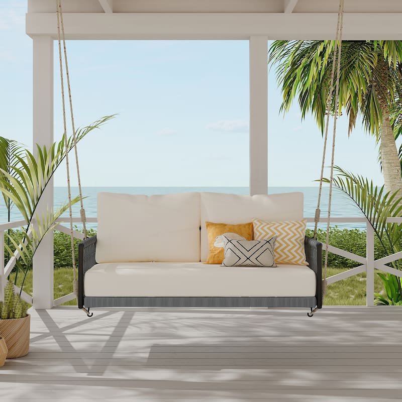 Woven Rope Outdoor Swing Sofa with Soft Cushions - Grey