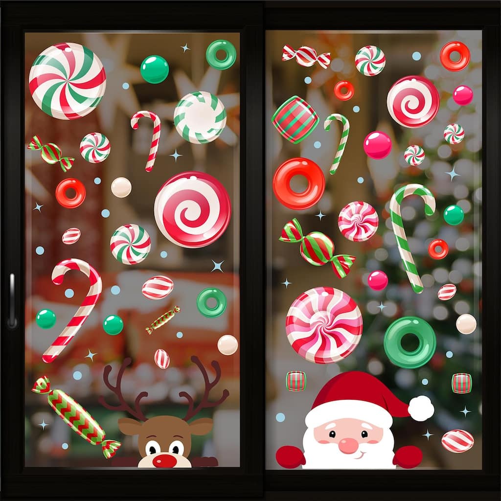 WALPLUS Santa And Rudolph In Candyland Christmas Window Clings Window Decoration Double Sided Reusable Removable Electrostatics