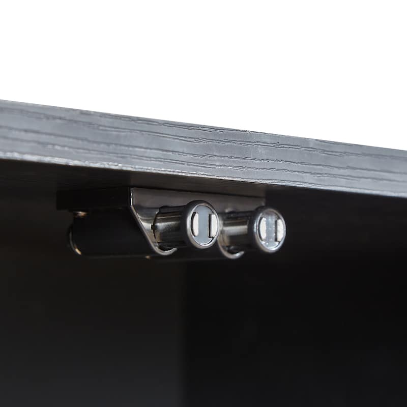 Anmytek 64 Inch Wavy Wooden TV Cabinet Black Aluminum Frame Tempered Glass Door Storage Sideboard