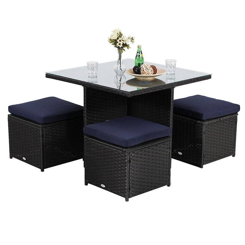 PHI VILLA Outdoor Dining Table and Ottoman Set with Cushions