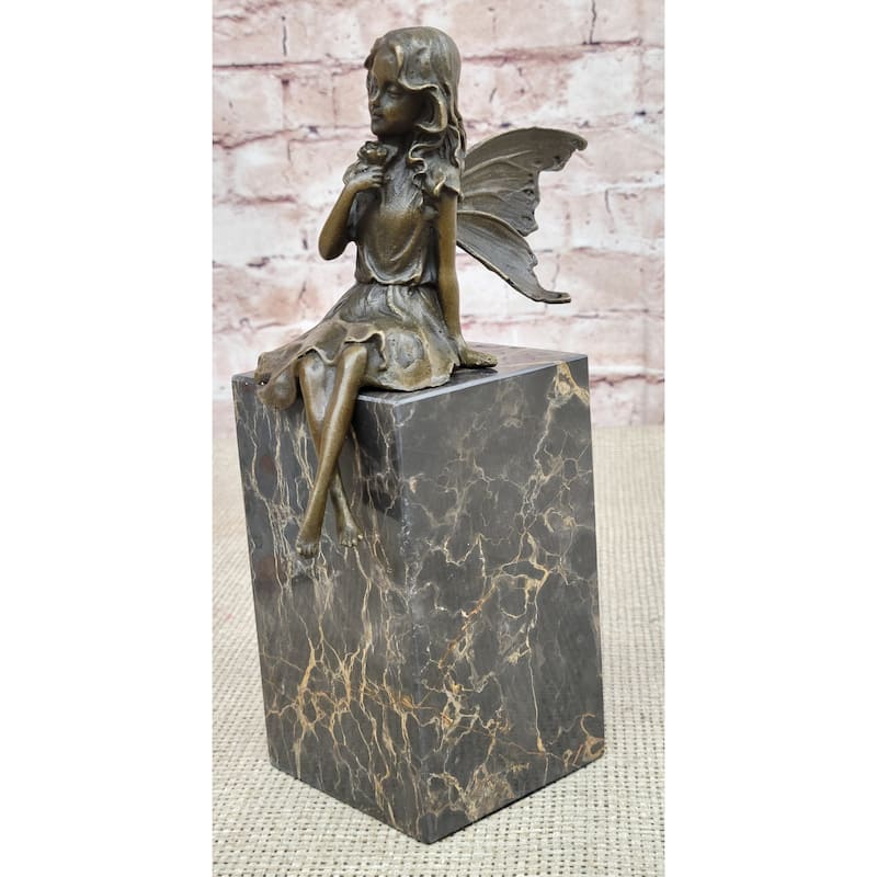 Hot Cast Bronze Sculpture Statue Young Child Fairy Angel Girl Holding Flower Marble Base
