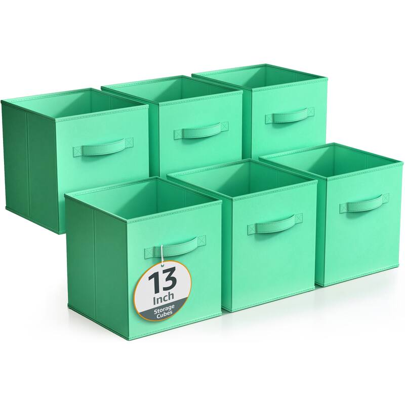 Sorbus Fabric Storage Bins 13" Foldable Cubes With Handles For Pantry, Cubbies, Toy And Closet Shelving Organization - 6Pk - Teal