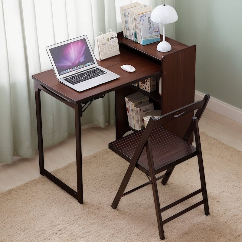 Anmytek Mid Century Bamboo Folding Desk with Hidden Storage Walnut Brown