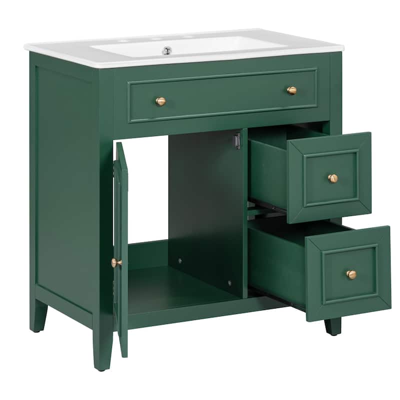 30" Bathroom Wood Storage Vanity Cabinet with Ceramic Sink, 2 Drawers