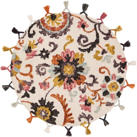 Alexander Home Hand-Hooked Sophie 100% Wool Floral Tassel Round Rug - 3' x 3' Round - 3' x 3' Round