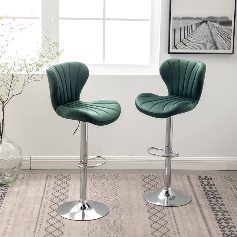 Set of 2 Adjustable Swivel Barstools with Upholstered Bucket Seats and Chrome Footrest.