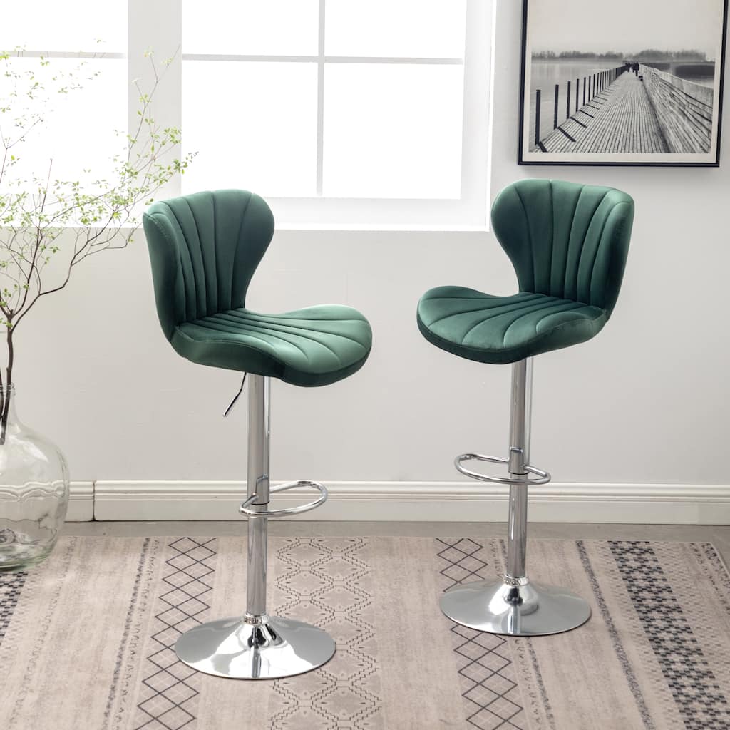 Set of 2 Green Swivel Barstools Island Upholstered Dining Chair
