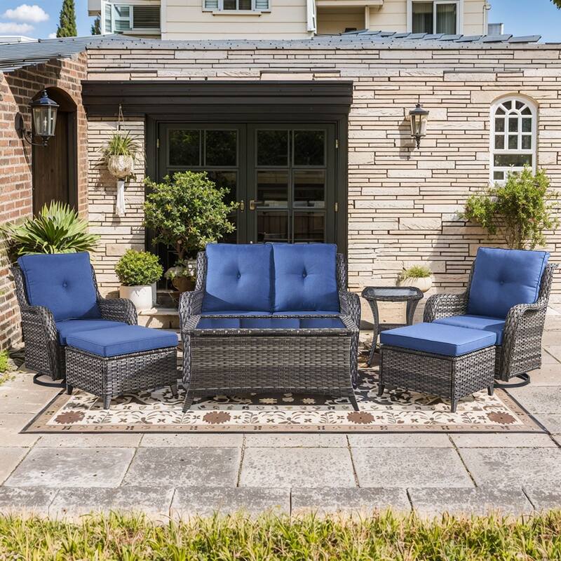 Pocassy Outdoor Sofa Swivel Chairs Table Ottoman 4 Inch Set - Grey Wicker Blue Cushion - 7 Pieces 2-Seat Sofa Swivel Chair Table Ottoman