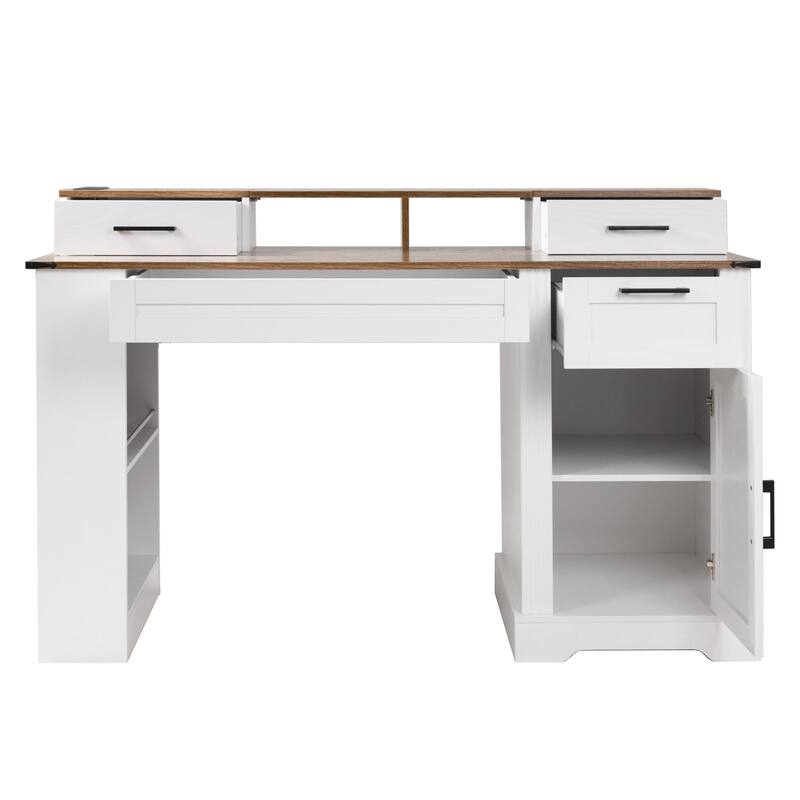 55" Farmhouse Office Desk with Storage, Charging Station, Barn Door & Keyboard Tray