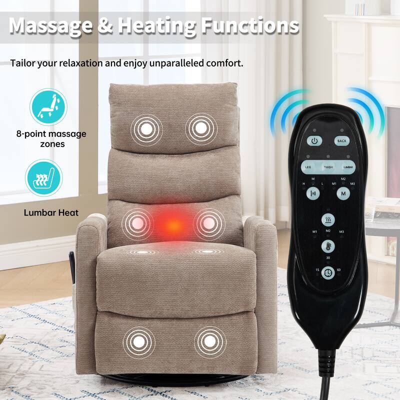Manual Recliner Chair with Heat & Massage, Fabric Upholstered Glider Recliner Chair, Swivel Recliner Chair with Side Pockets