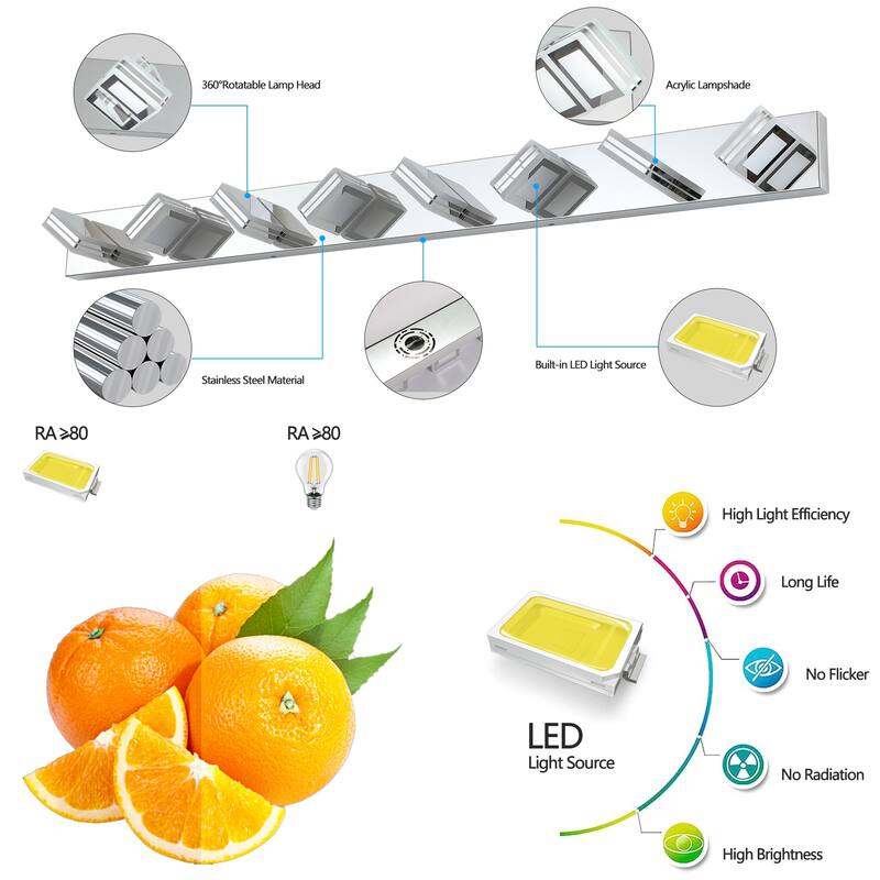 52" Modern 8-Light LED Vanity Light, Square Acrylic Lampshades Wall Mount Fixture for Bathroom, Mirror Lighting