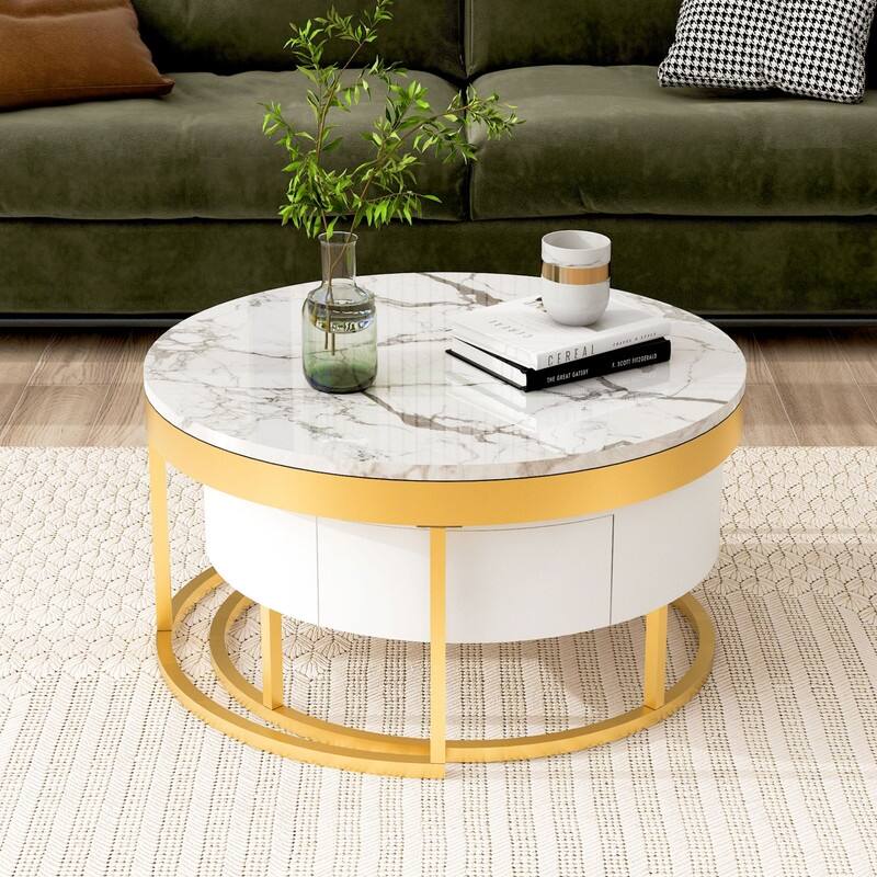 Modern Round Nesting Coffee Table with Drawers in White