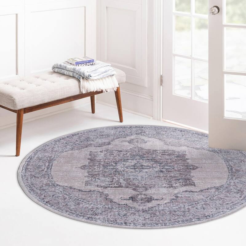 Traditional Shara Collection Area Rug - 3'11" Round - Ivory-Gray