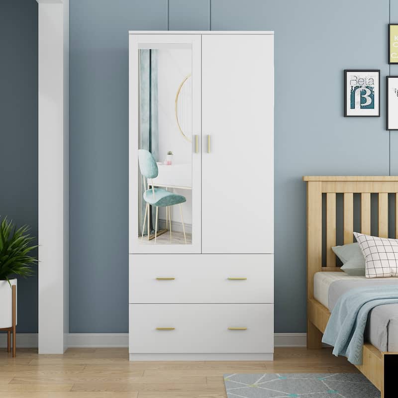 Kerrogee Bedroom Armoires Wardrobe with Mirror Drawers and Doors - White