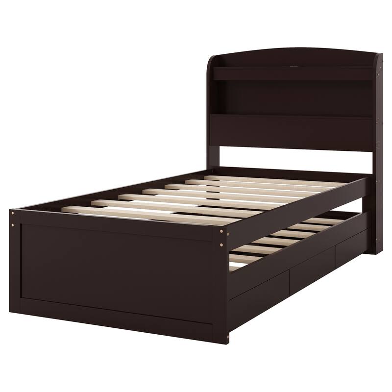 Twin XL Platform Bed with Storage, LED Headboard, Charging Station, Trundle, and Drawers, Dark Brown