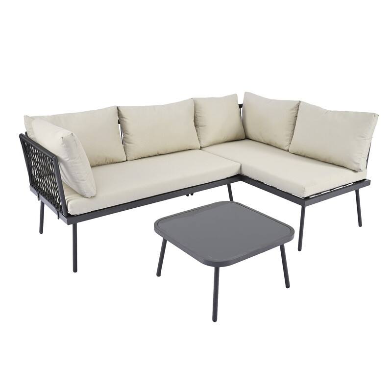 3 Pcs Metal Conversation Sets with Table and Cushions, Black+Beige