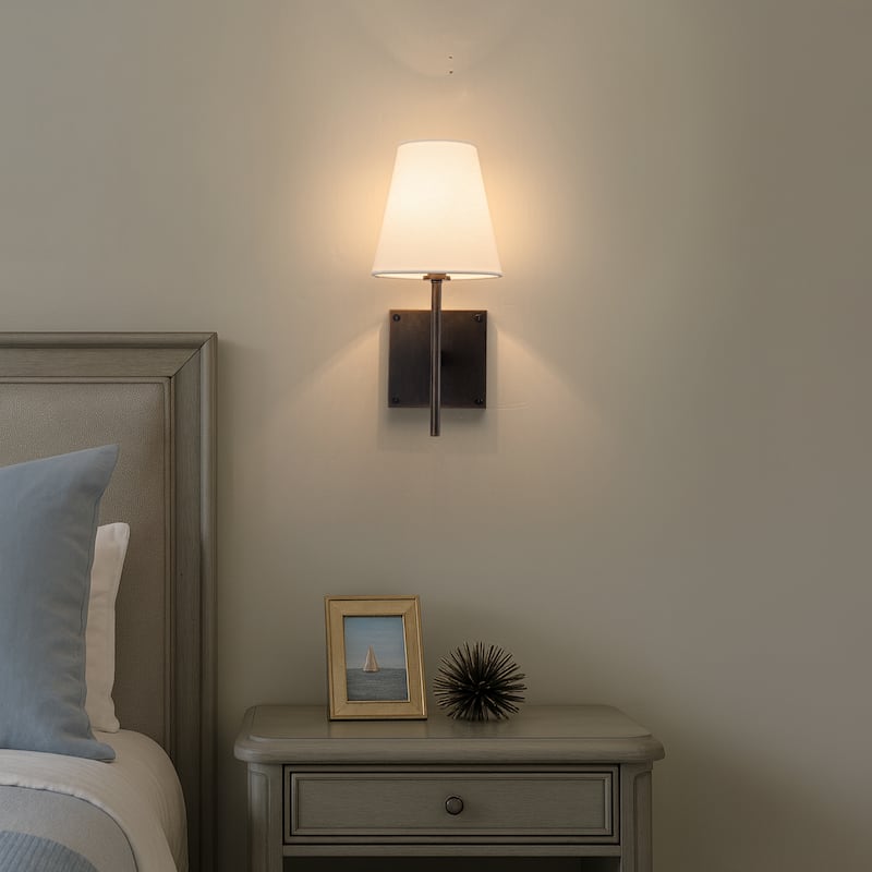 Modern Bronze 1-Light Fabric Shade Wall Sconces Farmhouse White Linen Tapered Shade Sconce For Bathroom Mirror Hallway