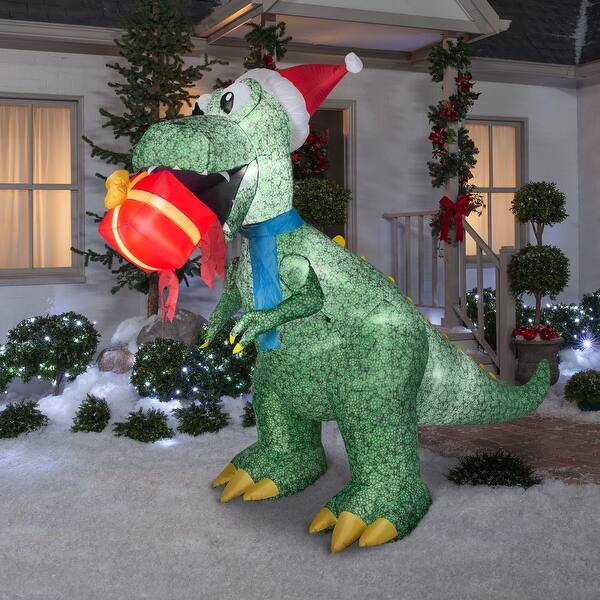 Gemmy Animated Christmas Airblown Inflatable T Rex w/Present, 7.5 ft