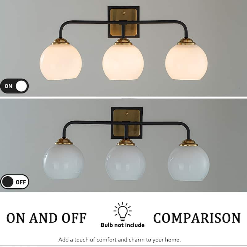 3-Light Modern Elegant Brass And Black Bathrooom Vanity Light with Round/Square Milk White Glass Shades