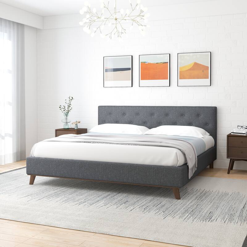 Alina Mid-Century Linen Upholstered Queen/King Platform Bed