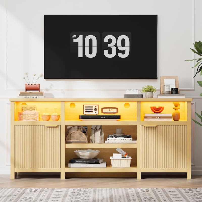 Gyomojoy 71" LED Farmhouse TV Stand for 75-85 Inch TV, Modern Boho Media Console with RGB Lights, 2 Doors & Adjustable Shelves.