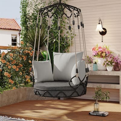 Outdoor Porch Swing Chair Hanging Basket, Hanging Chair with UV Resistant Cushion, Patio Swing Chair w/ Ropes for Porch, Balcony