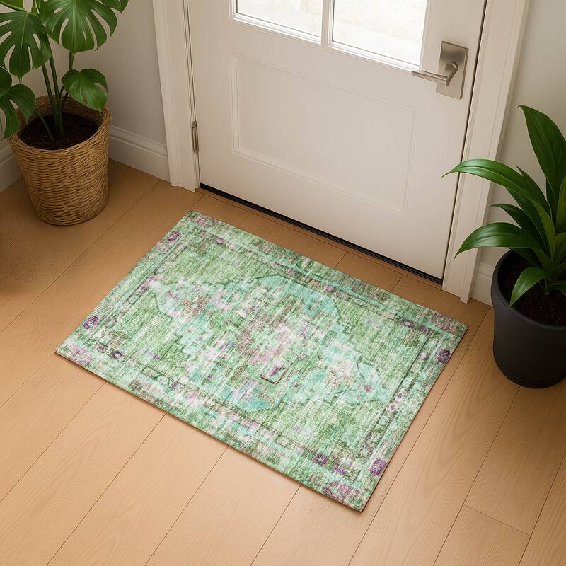 Premium Washable Super Soft Vintage Traditional Mayfield Rug - Aloe - 1'8" x 2'6"