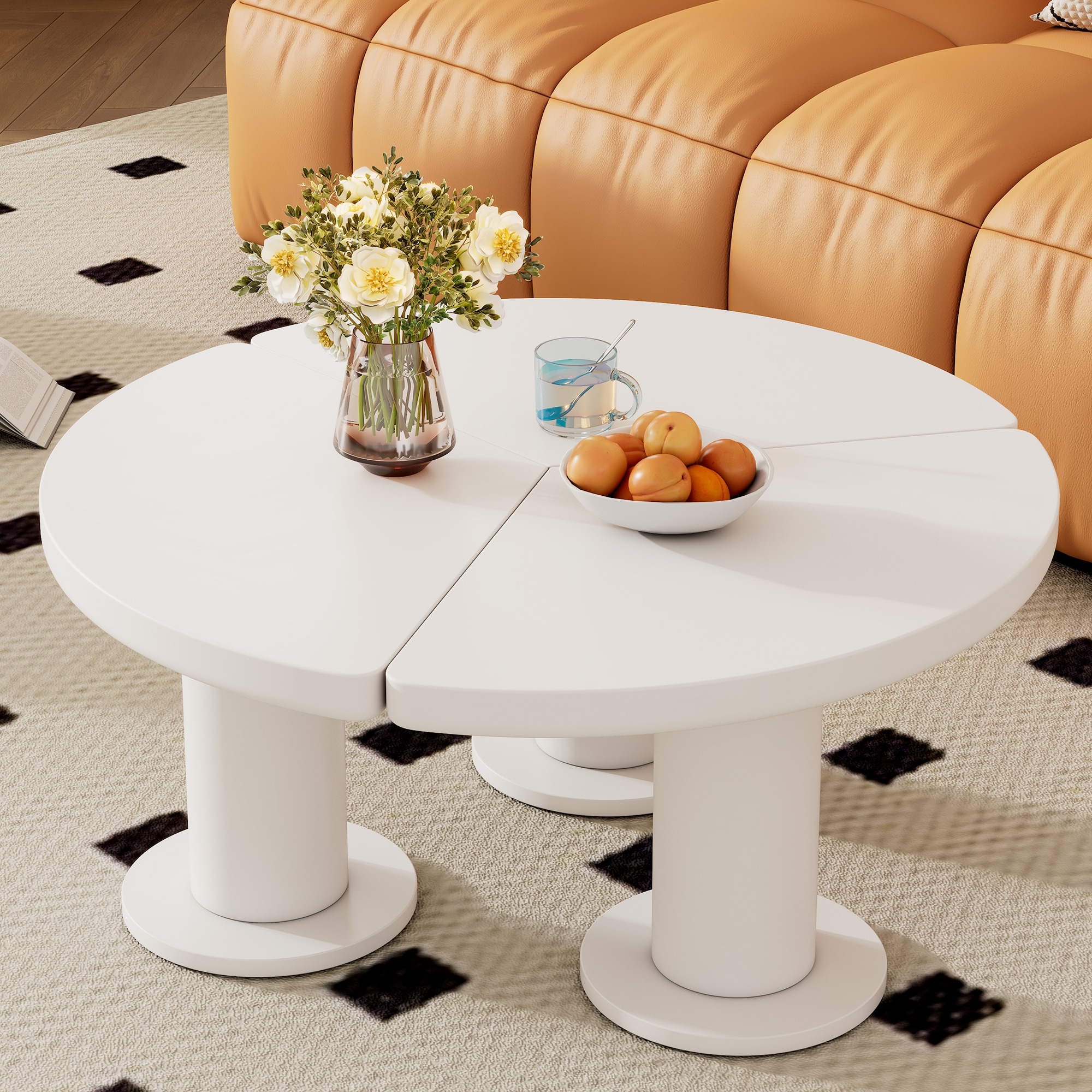 39.4" Round Coffee Table, Petal-Shaped Center Table with 3 Thick Legs, Wood Medium End Table for Living Room
