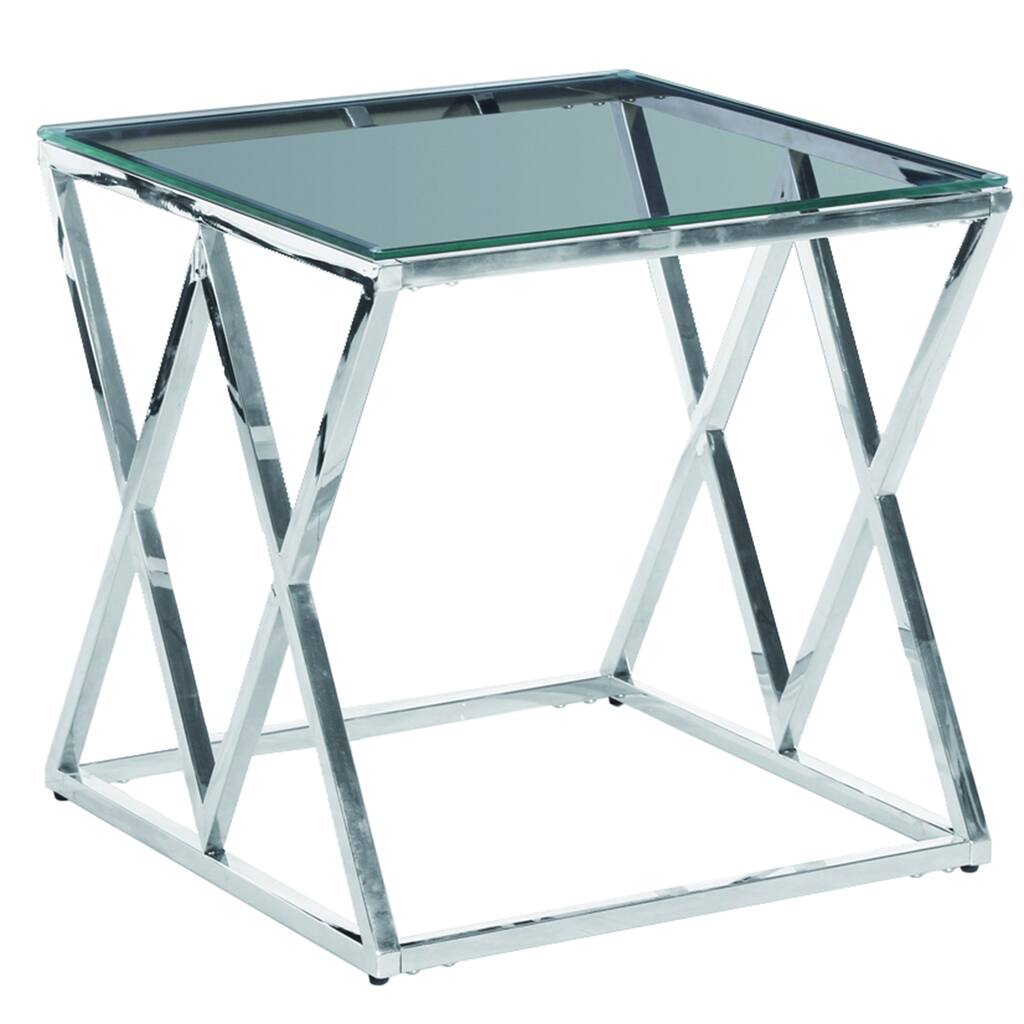 Diamond Shaped Metal Accent Table with Glass Top, Silver