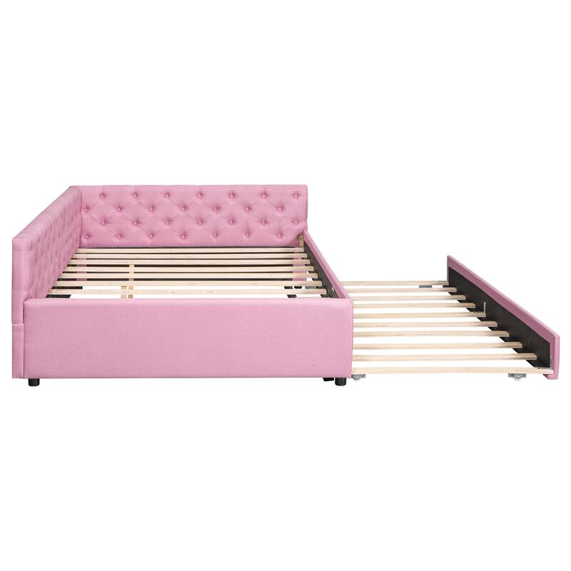 Full XL Size Upholstered Platform Bed Frame with Trundle, Elegant Tufted Button Design and Extra Sleeping Space for Bedroom