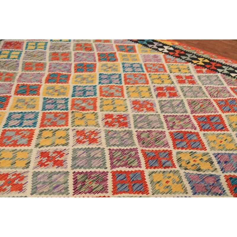 All-Over Trellis Geometric Kilim Area Rug Hand-Woven Wool Carpet - 8'4" x 9'8"