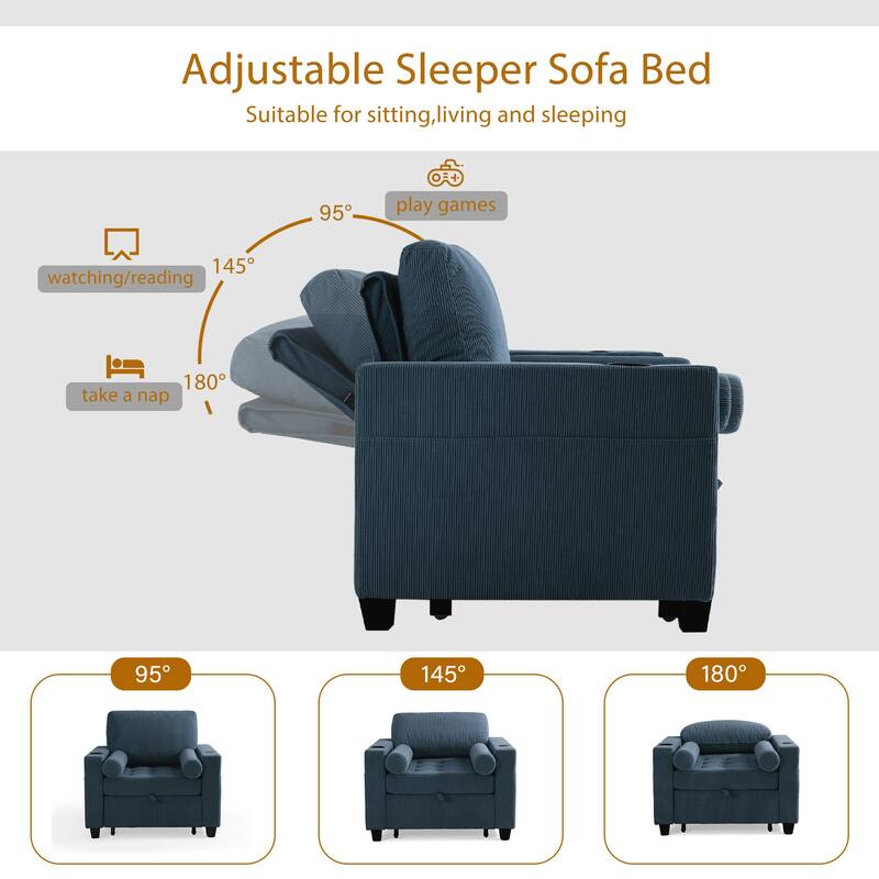 2 Set 3-in-1 Adjustable Recline Convertible Chair Bed Sleeper with USB Port