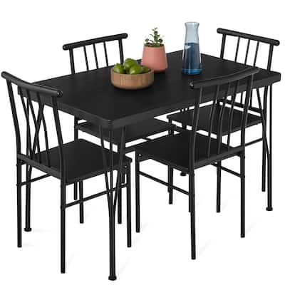 5-Piece Metal and Wood Indoor Modern Rectangular Dining Table Set for Kitchen, Dining Room, Dinette, Breakfast Nook w/ 4 Chairs