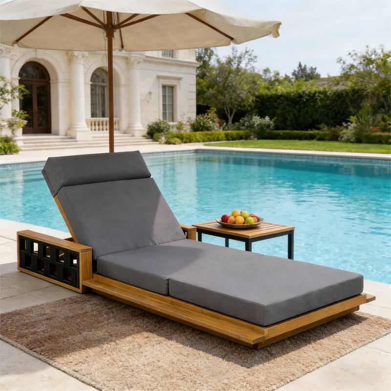 Christopher Knight Home - Modern Outdoor Solid Wood 4-Fold Adjustable Backrest Chaise Lounge with Rope Accents & Foam Cushion - Teak Finish Wood + Black Rope+Dark Grey Cushion