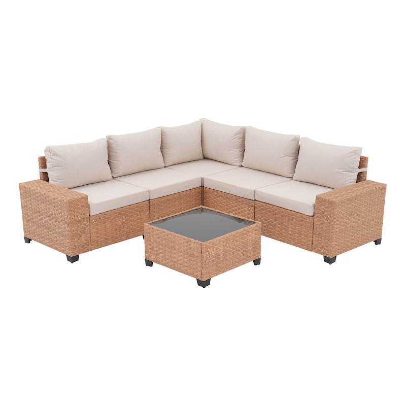 Outdoor Conversation Set L-Shaped Sectional Sofa 6-Piece with Cushions and Coffee Table PE Wicker Rattan Weather-Resistant