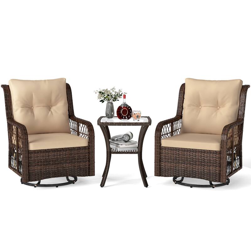 3 Piece Mix Brown Rattan Metal Swivel Chairs with Cushions and Glass Side Table - 30" x 26" x 35"